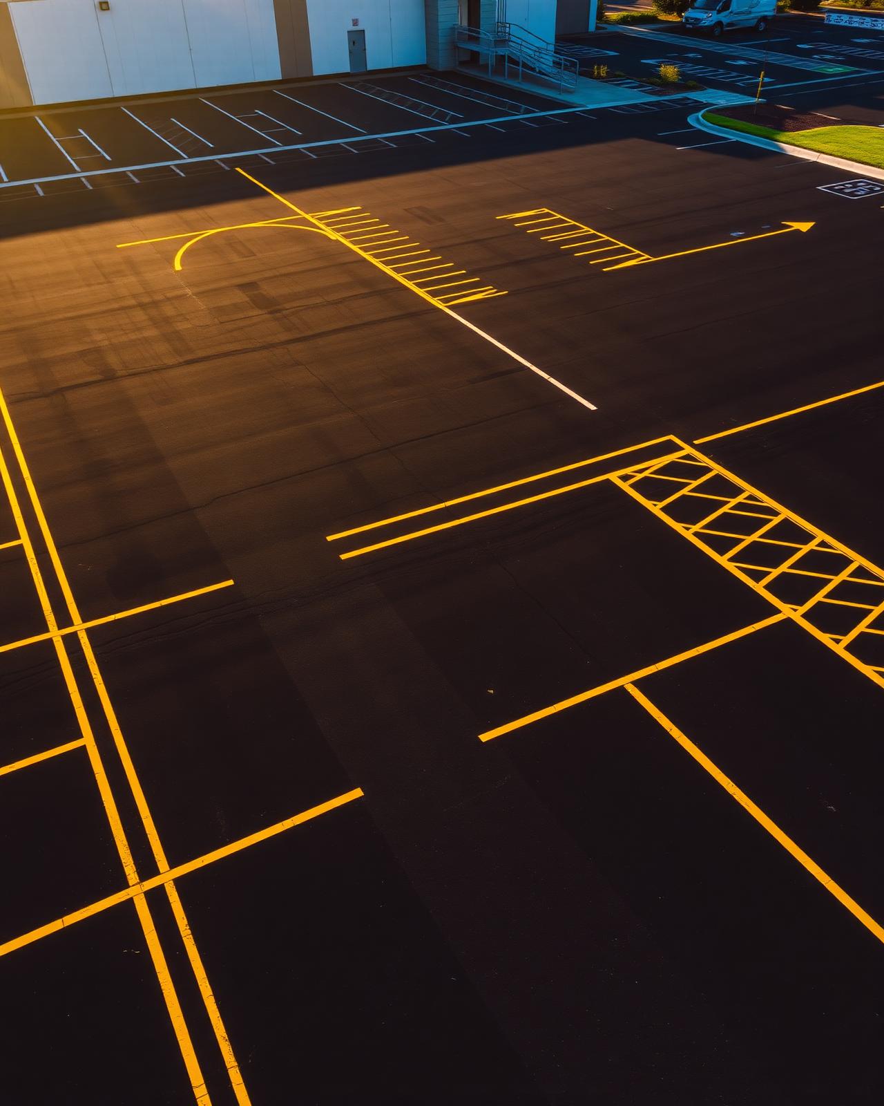 Aerial view of a professionally striped commercial parking lot